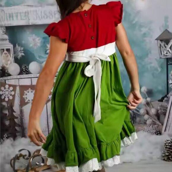 Pearls and Piggytails Christmas Flutter Sleeves Ruffle Dress Kids - Picture 2 of 7